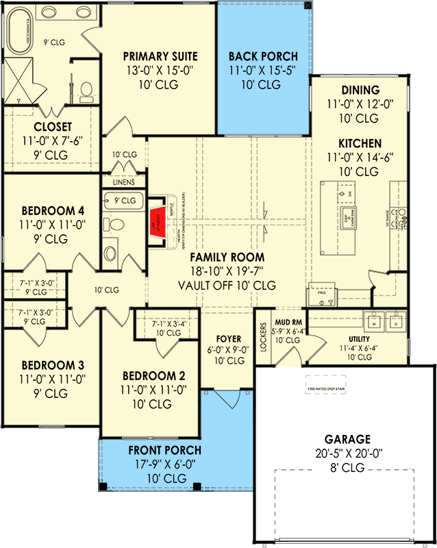 Plan 818018JSS: Rustic Ranch Plan with Vaulted Family Room - 1912 Sq Ft - Floor Plan - Main Level - Country, Craftsman, Farmhouse, Ranch, Rustic