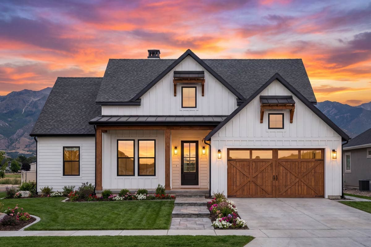 Modern Farmhouse house plan exterior with board and batten siding, covered porch, gable dormers, and double garage doors.
