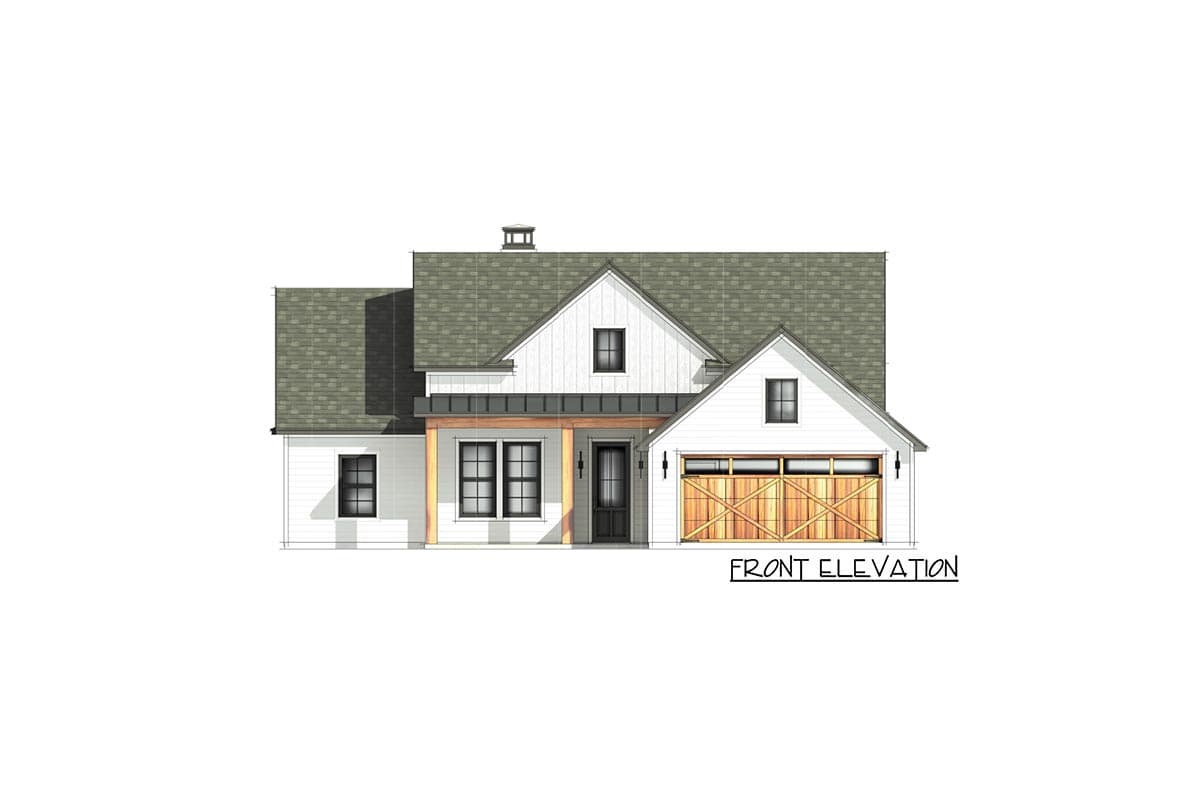 Front elevation drawing of a Modern Farmhouse style house plan with a covered porch, gabled dormers, and a wooden carriage garage door.