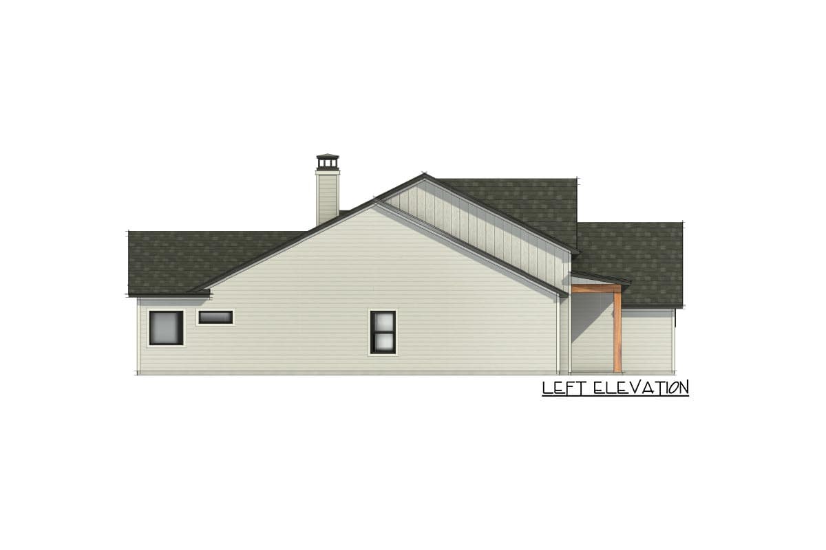 Left elevation house plan shows a two-story structure with a pitched roof, gabled dormer, chimney, and covered entryway.