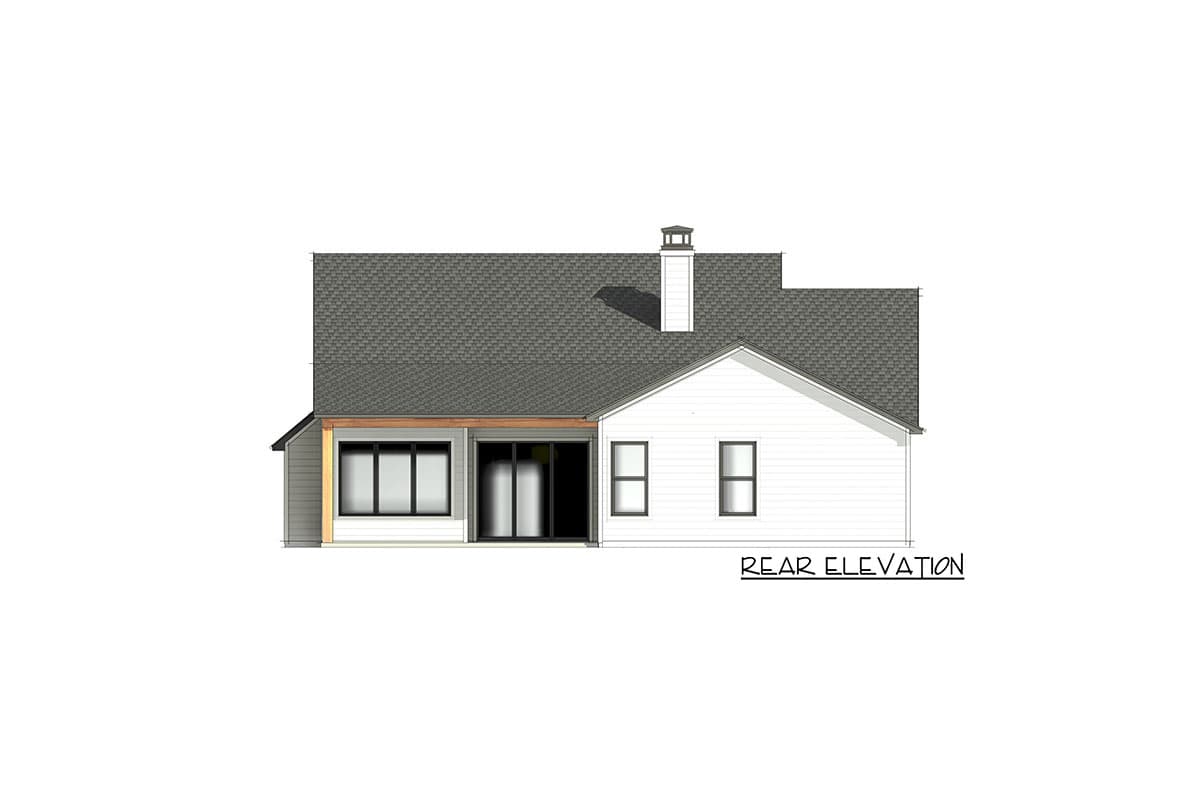 Rear elevation drawing of a modern house plan with a pitched roof, prominent chimney, and large glass doors.