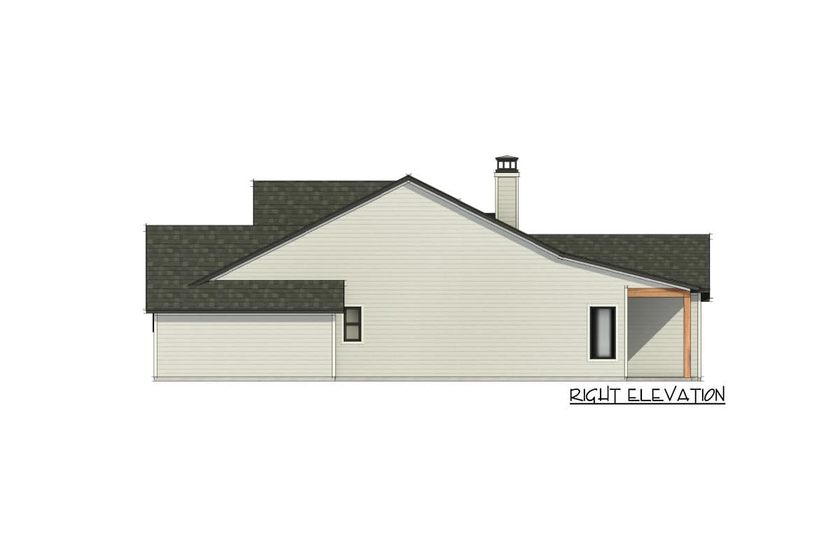 Right elevation drawing of a house plan showing siding, a chimney, and an uncovered porch.