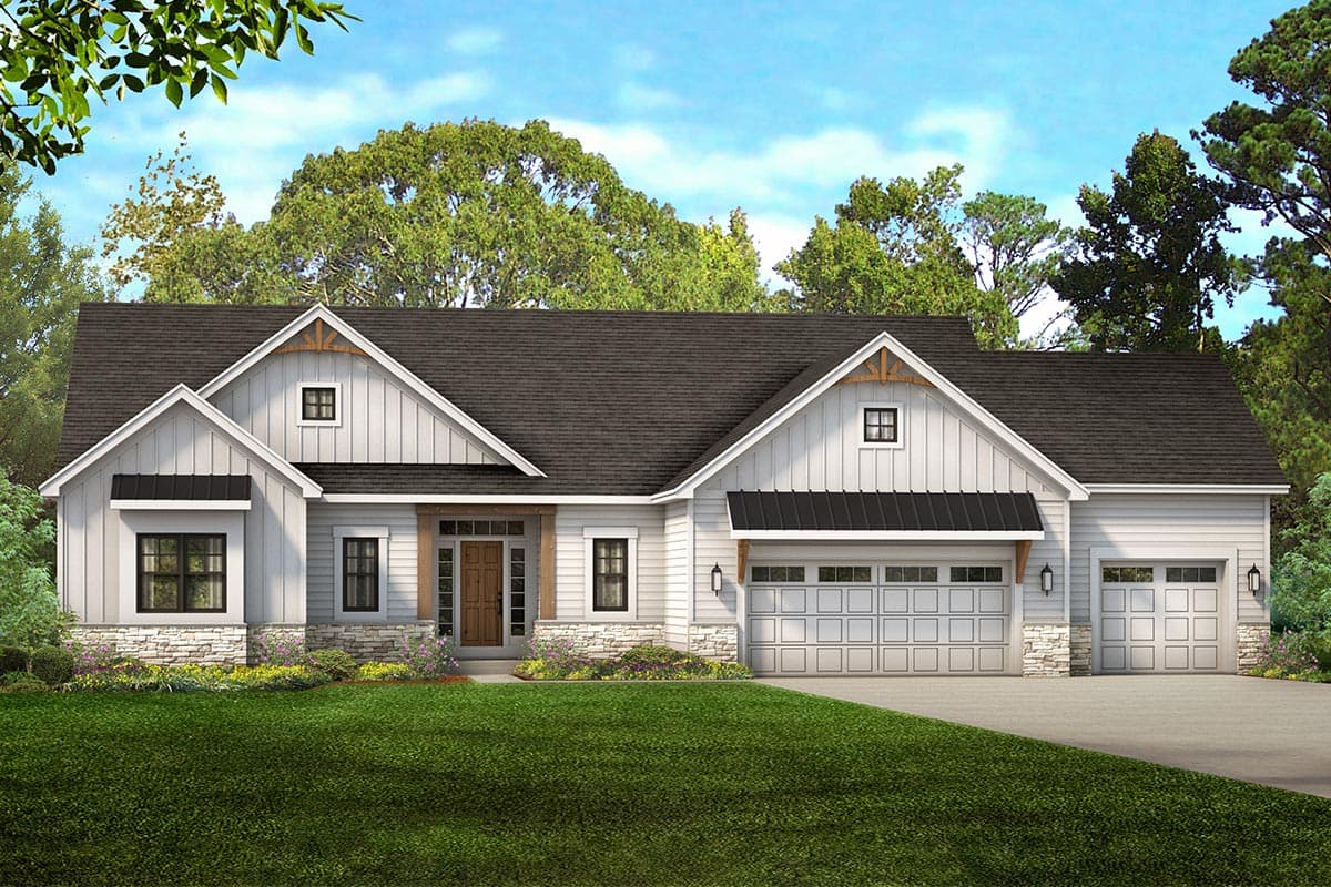 House plan exterior. Modern Farmhouse style, one-story. Features include gables, board and batten siding, and a three-car garage.