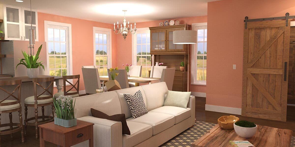 Living and dining area rendering with a sofa, bar stools, dining table, hutch, and sliding barn door.