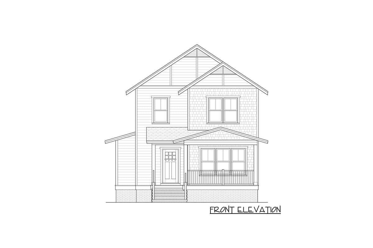 Front elevation drawing of a two-story house with a covered front porch, gables, and various window styles.