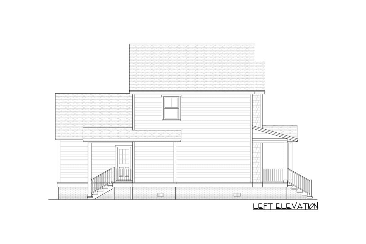 Left elevation house plan showing two stories, gabled rooflines, and covered porches with stairs.