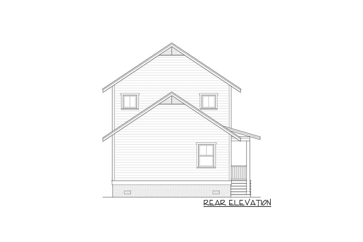Rear elevation drawing of a two-story house plan with gabled rooflines, two upper windows, and a small rear porch with steps.
