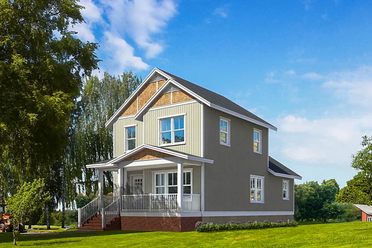 House plan exterior rendering. Two-story Craftsman home with a front porch, gables, and vertical siding. Features a brick foundation.