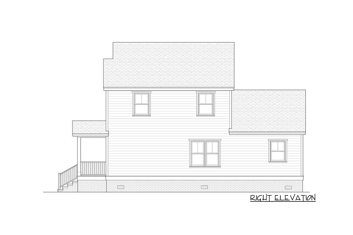 Right elevation drawing of a two-story house plan, featuring clapboard siding, a hip roof, and a covered porch.