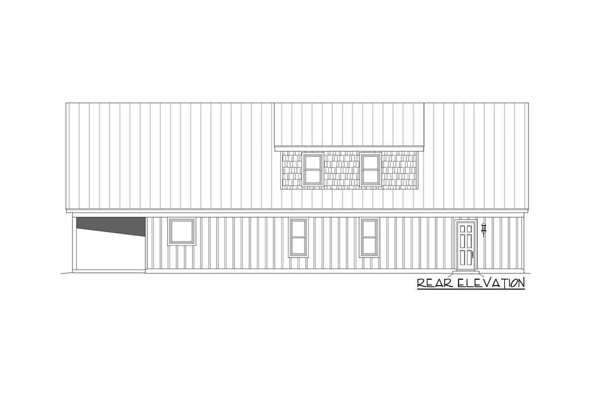Rear elevation drawing of house plan showing garage, windows, and a front-facing door with a light fixture.