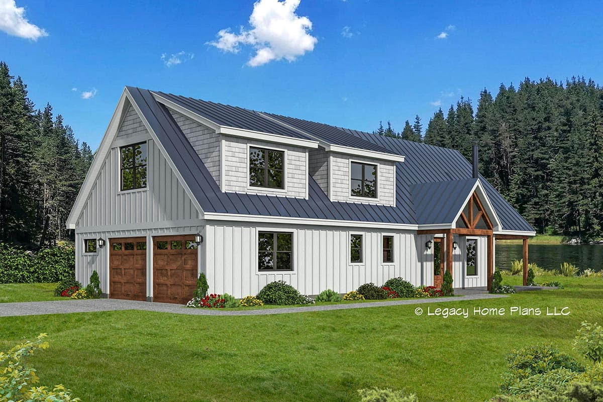 House plan exterior. Two-story Modern Farmhouse with board and batten siding, gable roof, dormers, and a front porch with exposed timber supports.