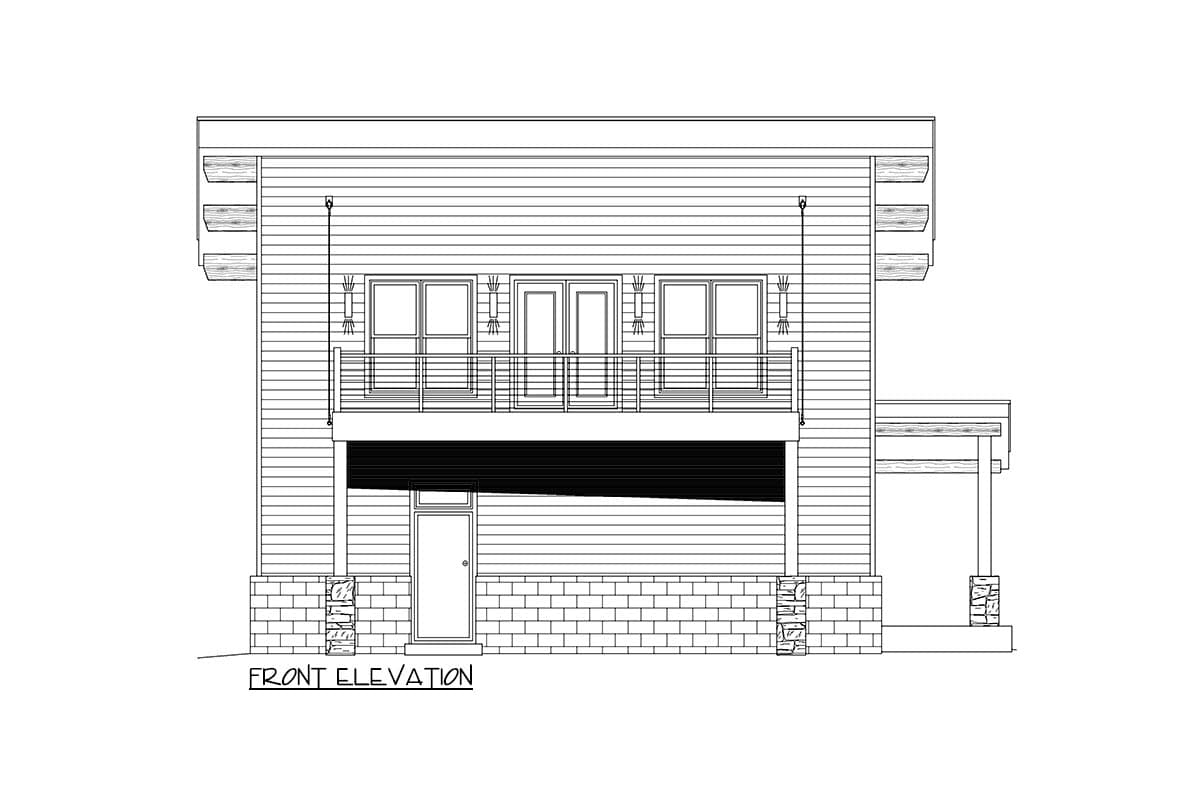 Front elevation drawing of a two-story house plan with a second-story balcony, horizontal siding, and stone accents.