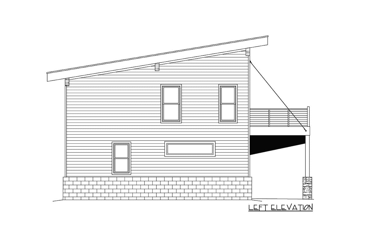 Left elevation drawing of a two-story house plan with a sloped roof, lap siding, multiple windows, and a deck.