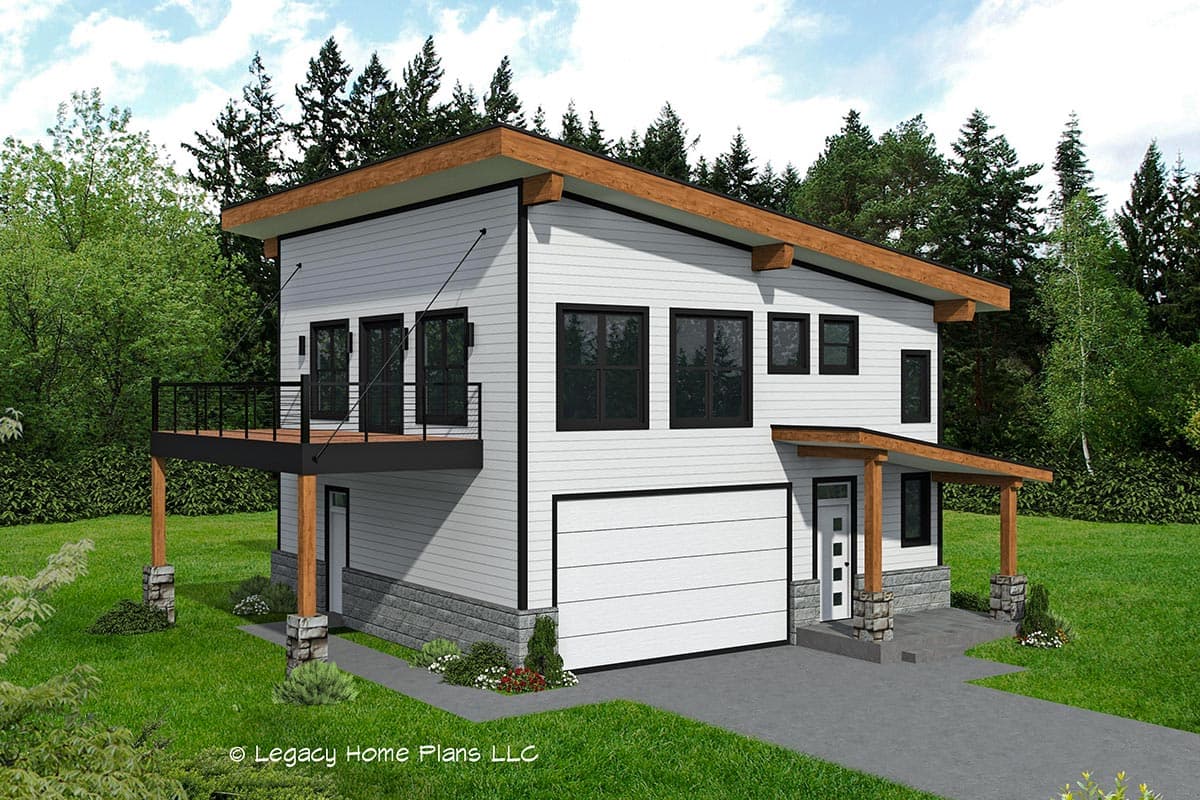 House plan exterior with modern design. Two-story structure with a flat roof, cantilevered balcony, and attached garage. Includes a covered porch.