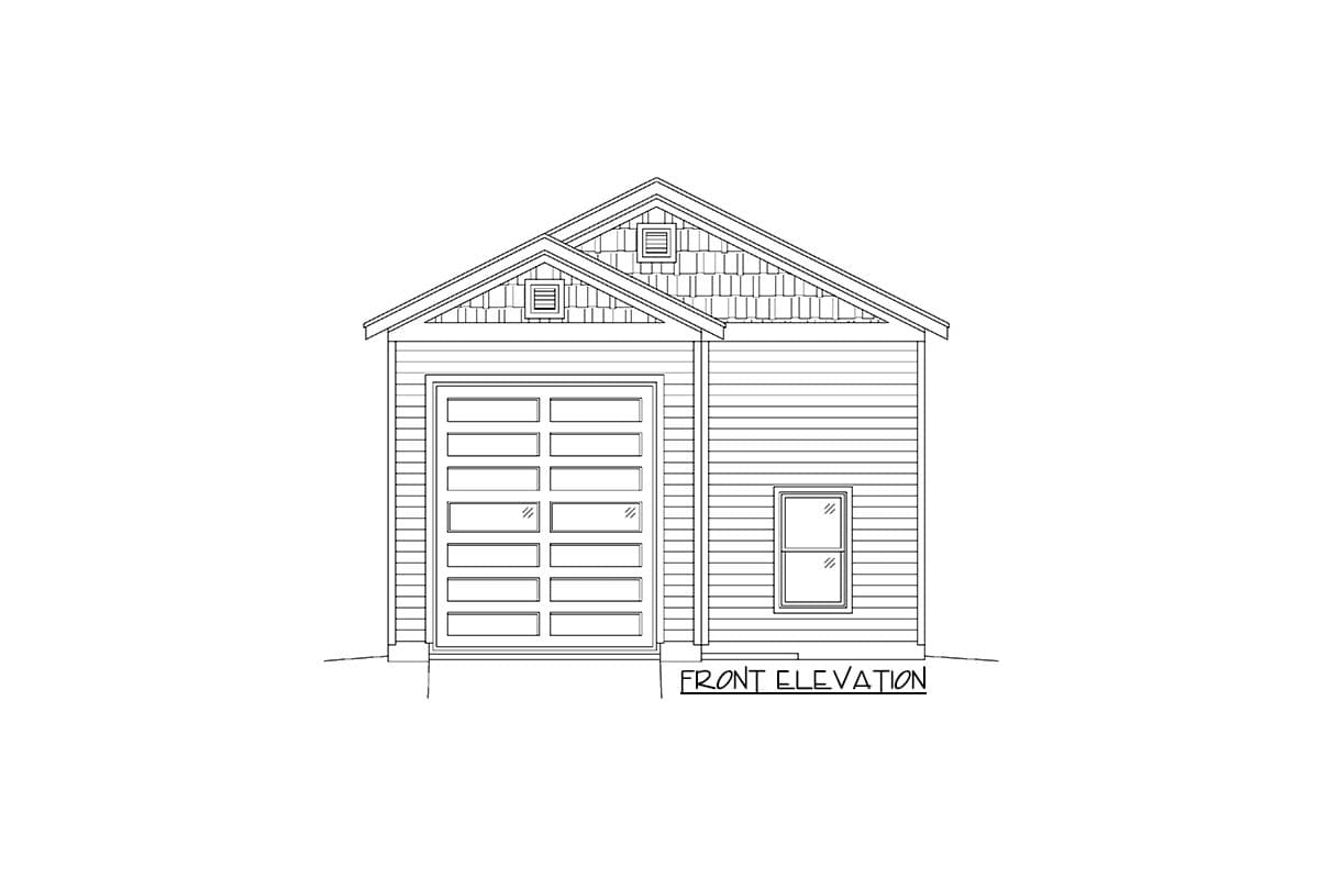 Front elevation drawing of a one-story house plan with a large garage door, window, and gabled roof with dormers.