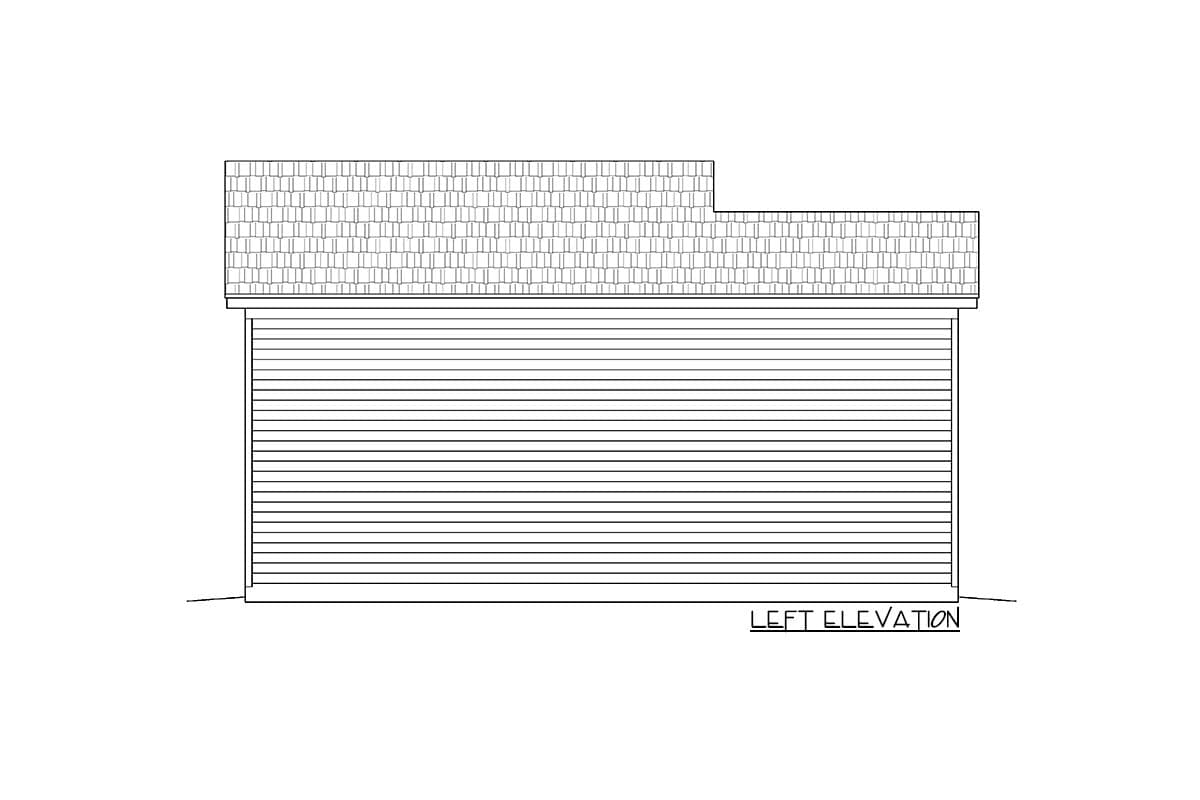 Left elevation drawing of a house plan showing horizontal siding and a pitched roof with dormers.
