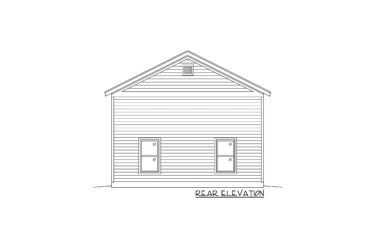 Rear elevation of a house plan featuring horizontal siding, two windows, and a gable roof with a vent.