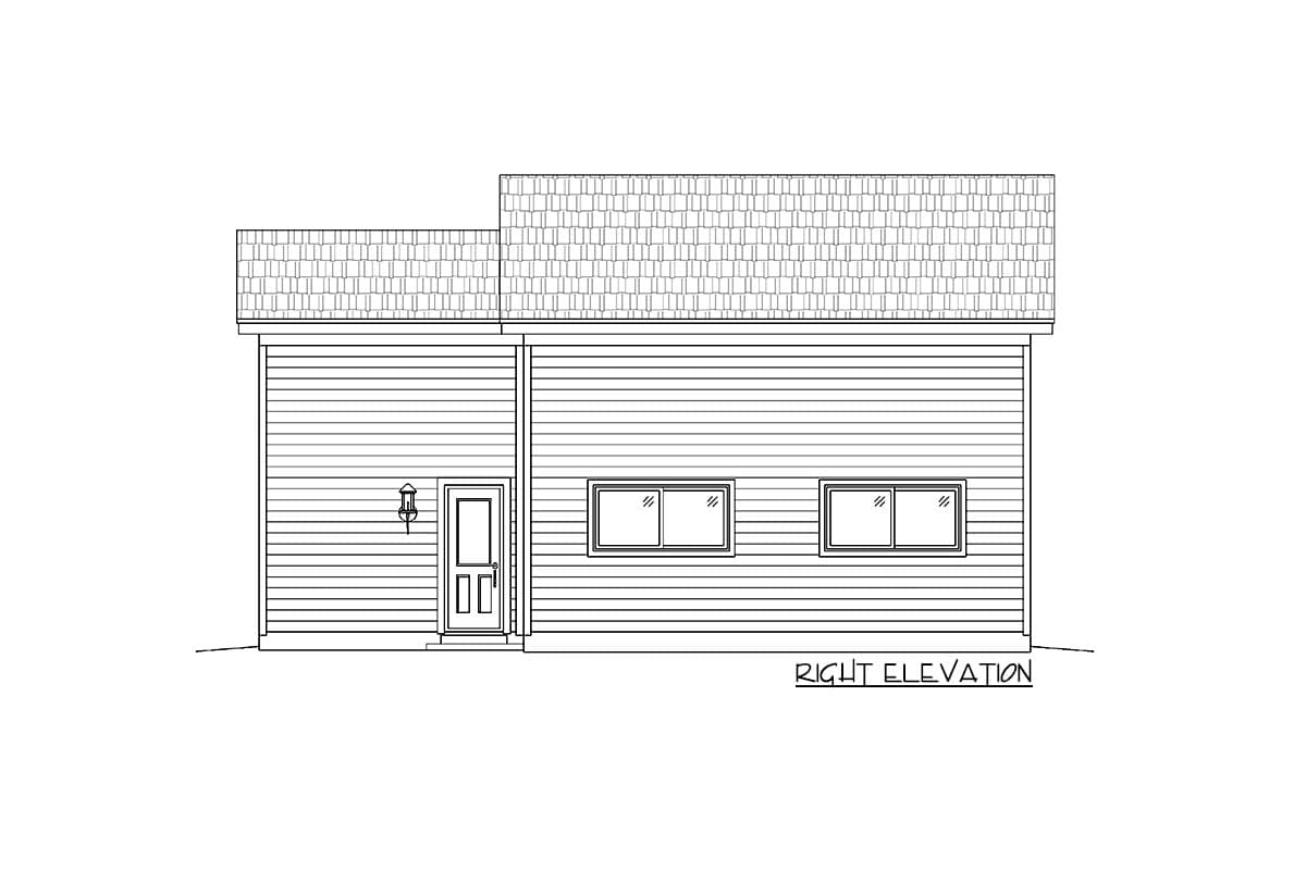 Right elevation of house plan showing horizontal siding, one door, two windows, and a gable roof.