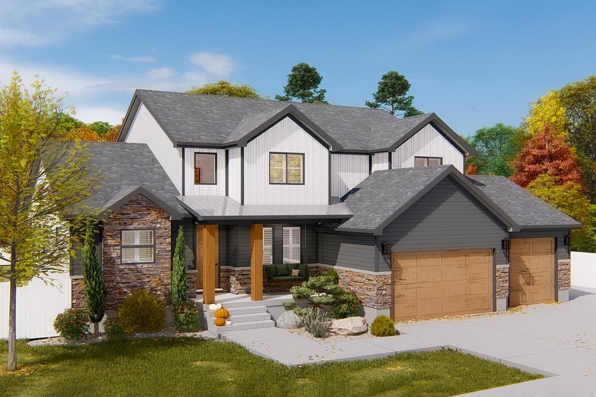House plan exterior with mixed siding, stone accents, a covered porch with wood posts, and a triple garage.