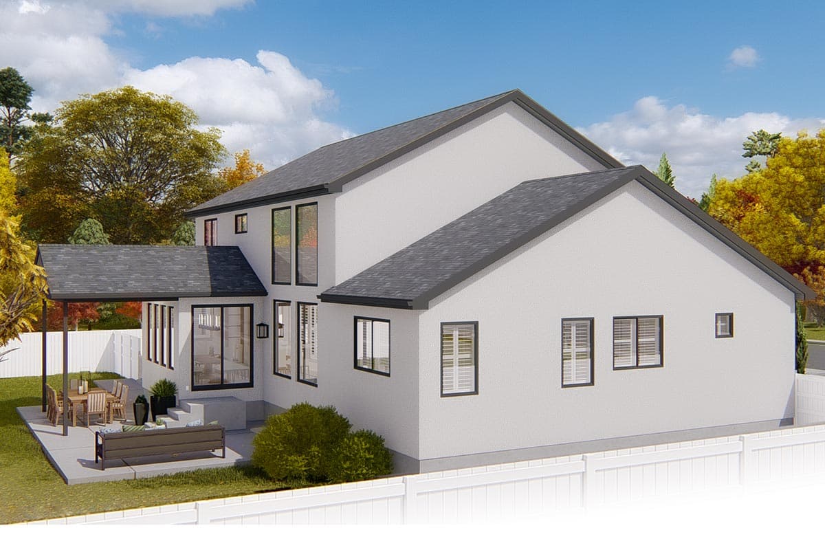 Modern house plan exterior, two stories, with covered patio, large windows, and intersecting rooflines.