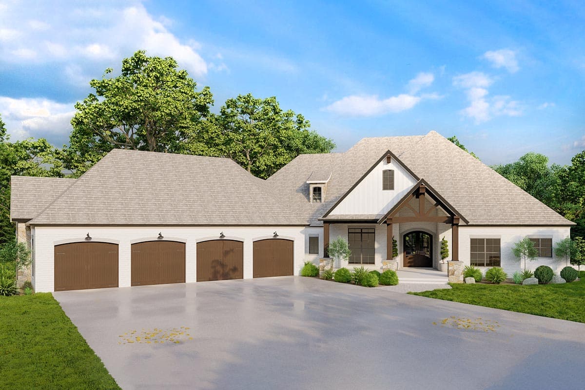 House plan exterior. One-story Modern Farmhouse with gabled roof, timber-framed entry, and a three-car garage. White brick facade.