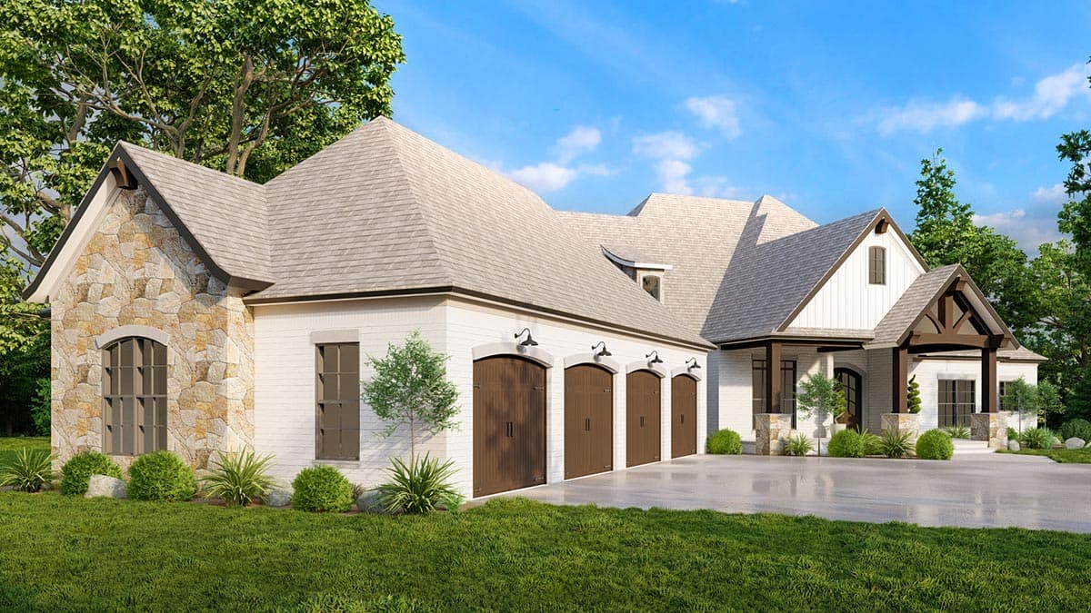 House plan exterior featuring stone accents, white brick, a covered entry with timber posts, and a four-car garage.