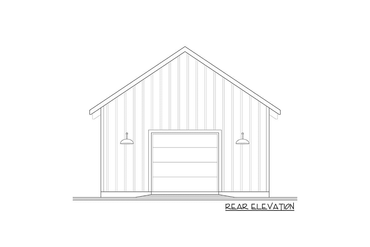 Rear elevation drawing of a building with vertical siding, a gable roof, a single garage door, and two wall-mounted lights.
