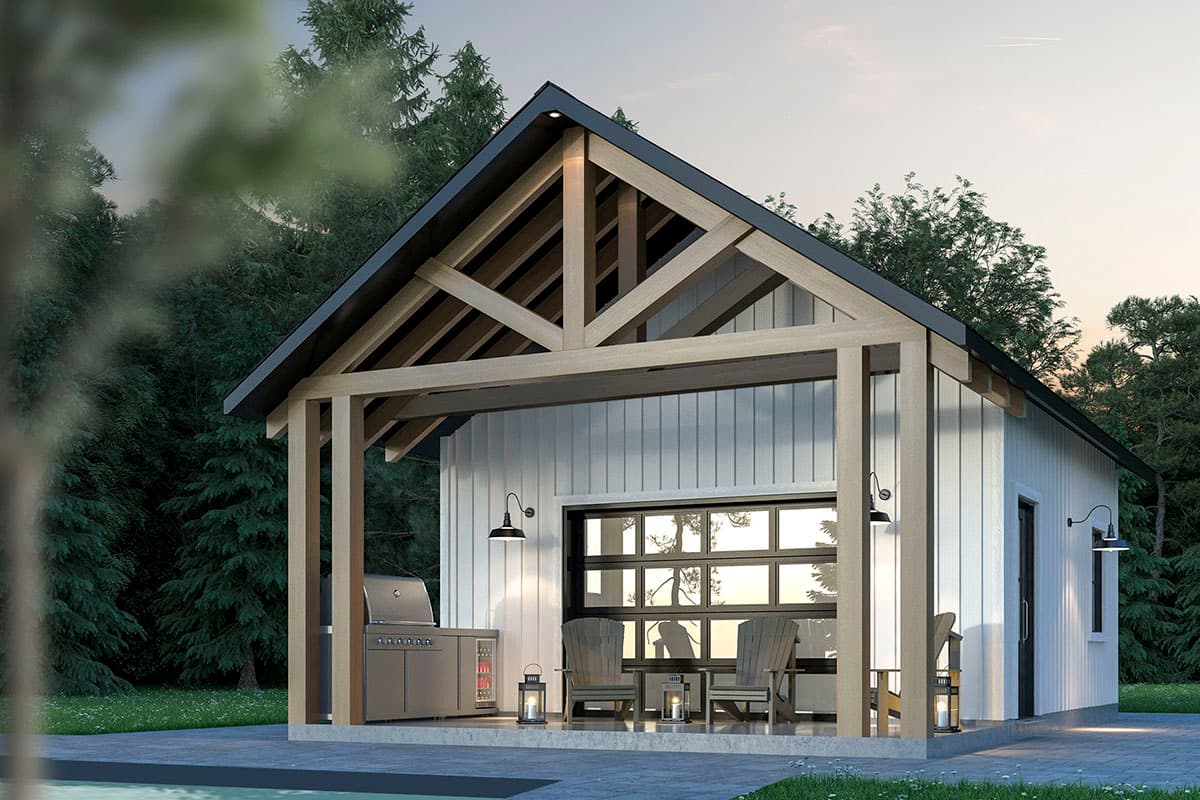 House plan exterior with open-air porch, gable roof, and paneled glass garage door. Features include a built-in outdoor kitchen with grill.