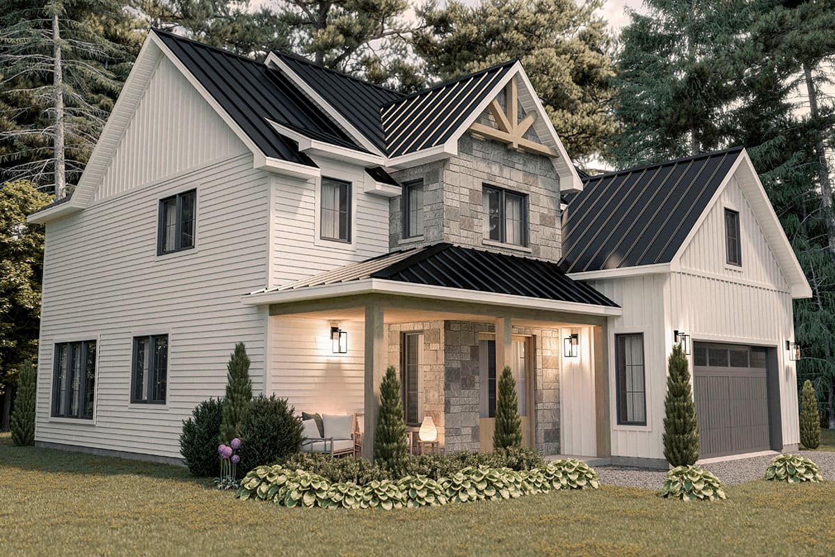 Modern Farmhouse house plan exterior with stone accents, covered porch with stone pillars, and a two-car garage.