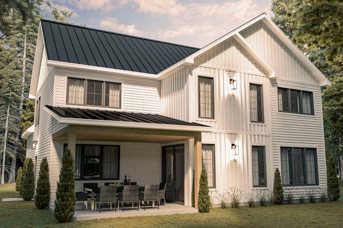 Modern farmhouse house plan exterior, two stories, white siding, board and batten, covered patio with outdoor dining, black metal roof.