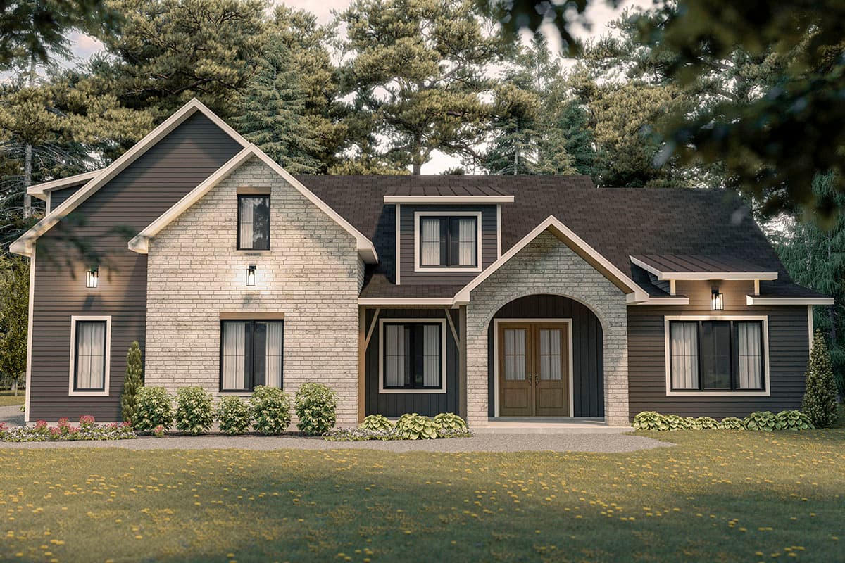 House plan exterior with two stories. Craftsman style with a gabled roof, dormers, and a covered entry. Brick and siding exterior.