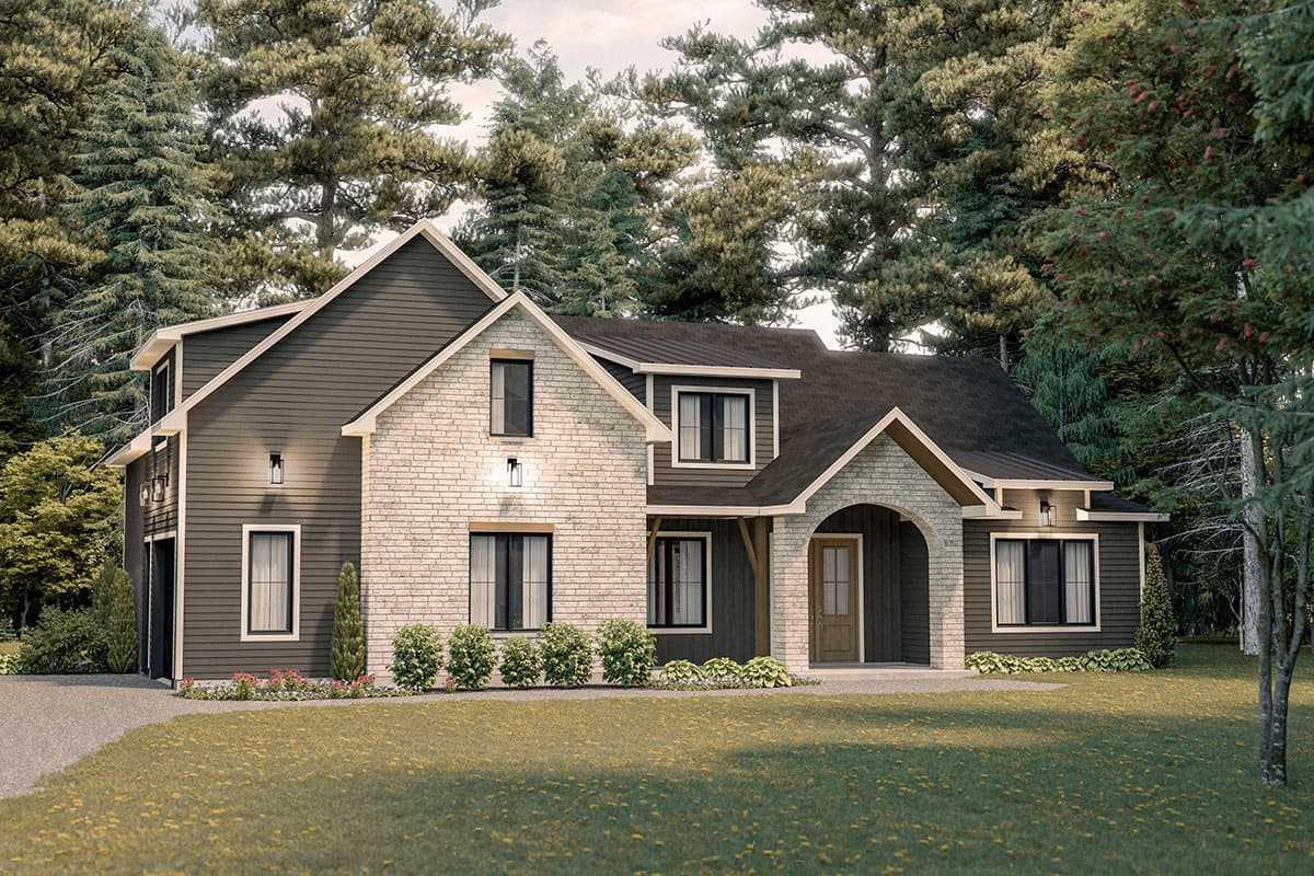 House plan exterior featuring a two-story modern farmhouse style with stone and siding, gables, and an arched entryway.