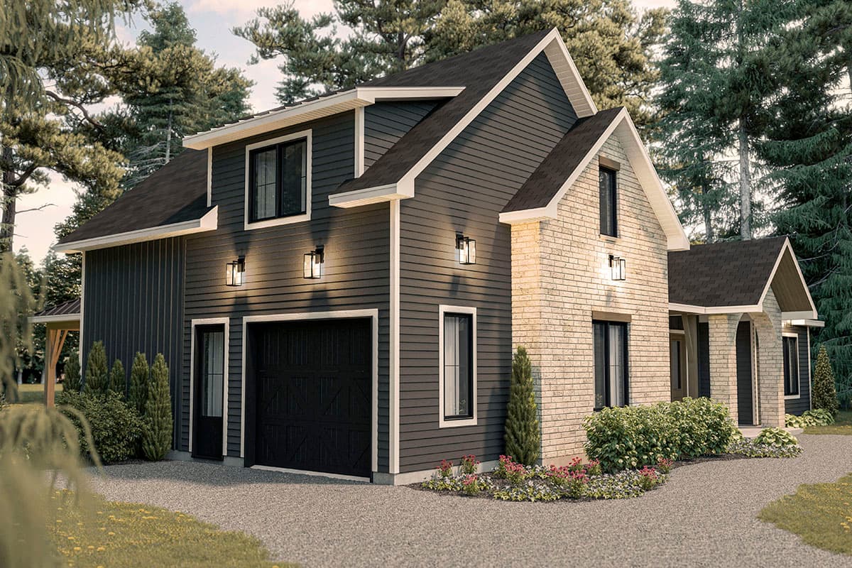 House plan exterior, two stories, dark siding, brick facade, two-car garage, gabled dormers, and arched entry.