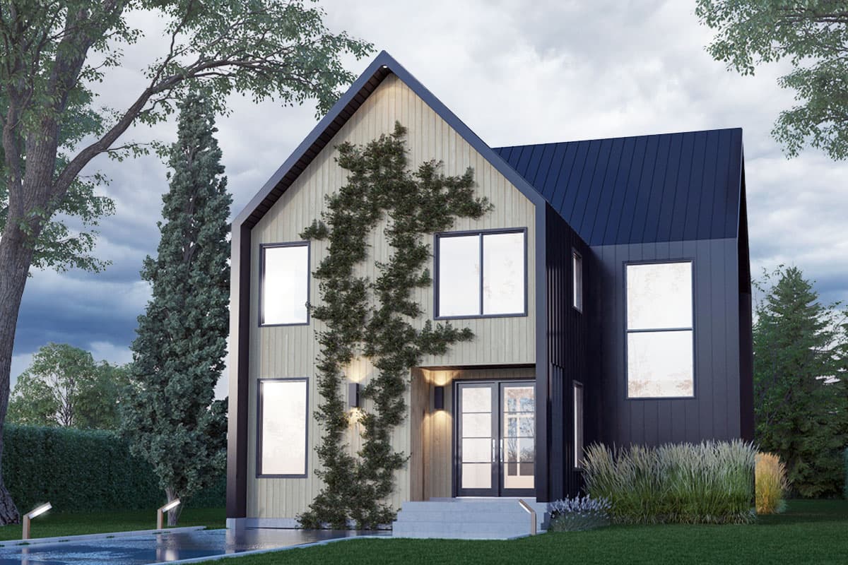 House plan exterior. Two-story modern farmhouse with a gabled roof, mixed siding, and large windows. Includes entry stairs and a black metal roof.