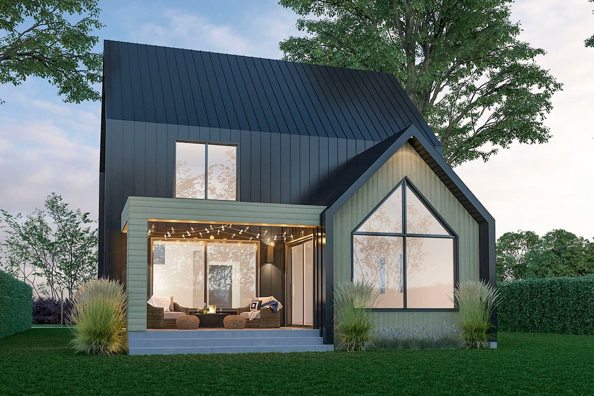 Modern house plan exterior with a gabled front, covered patio with seating, and a large triangular window.