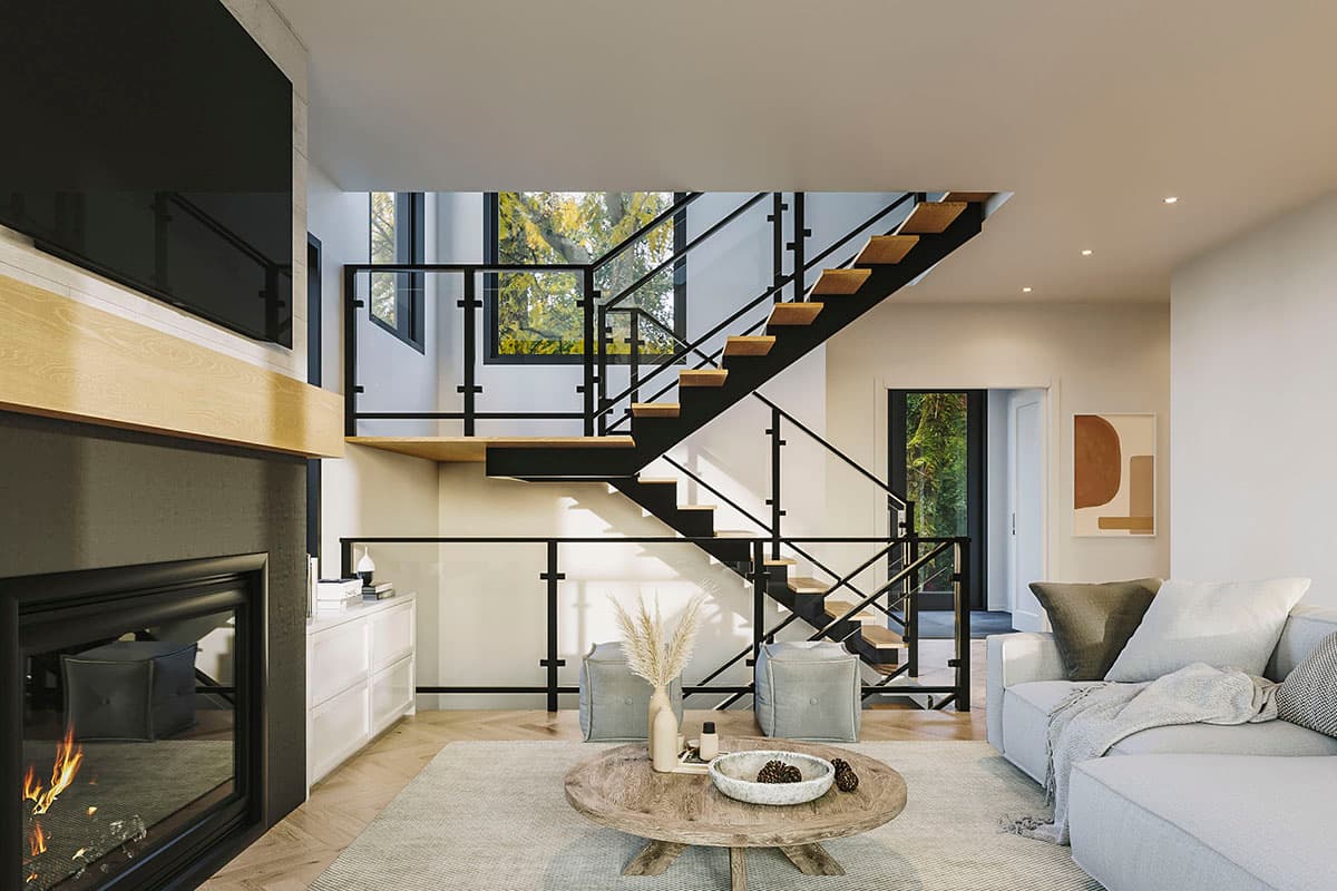 Interior rendering of a contemporary living room with floating stairs, fireplace, and large windows.