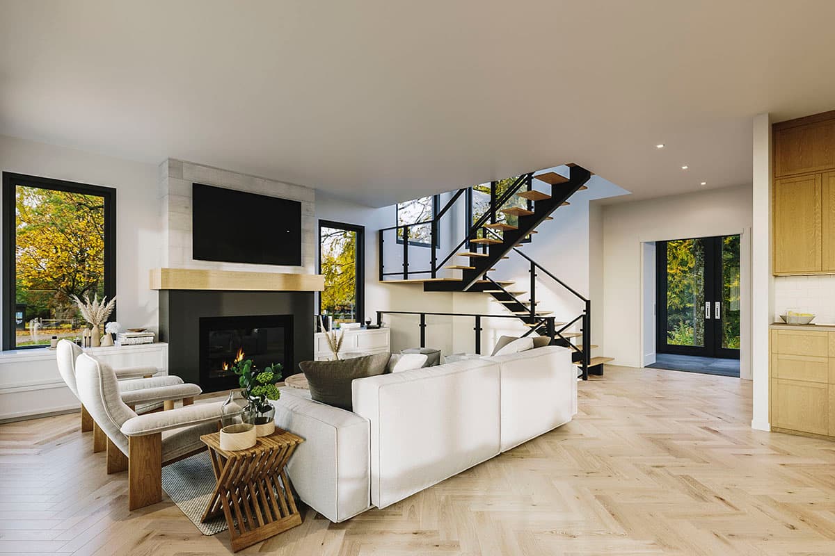 Interior rendering of a living room with fireplace, floating staircase, and large windows. Includes wooden cabinetry and herringbone flooring.