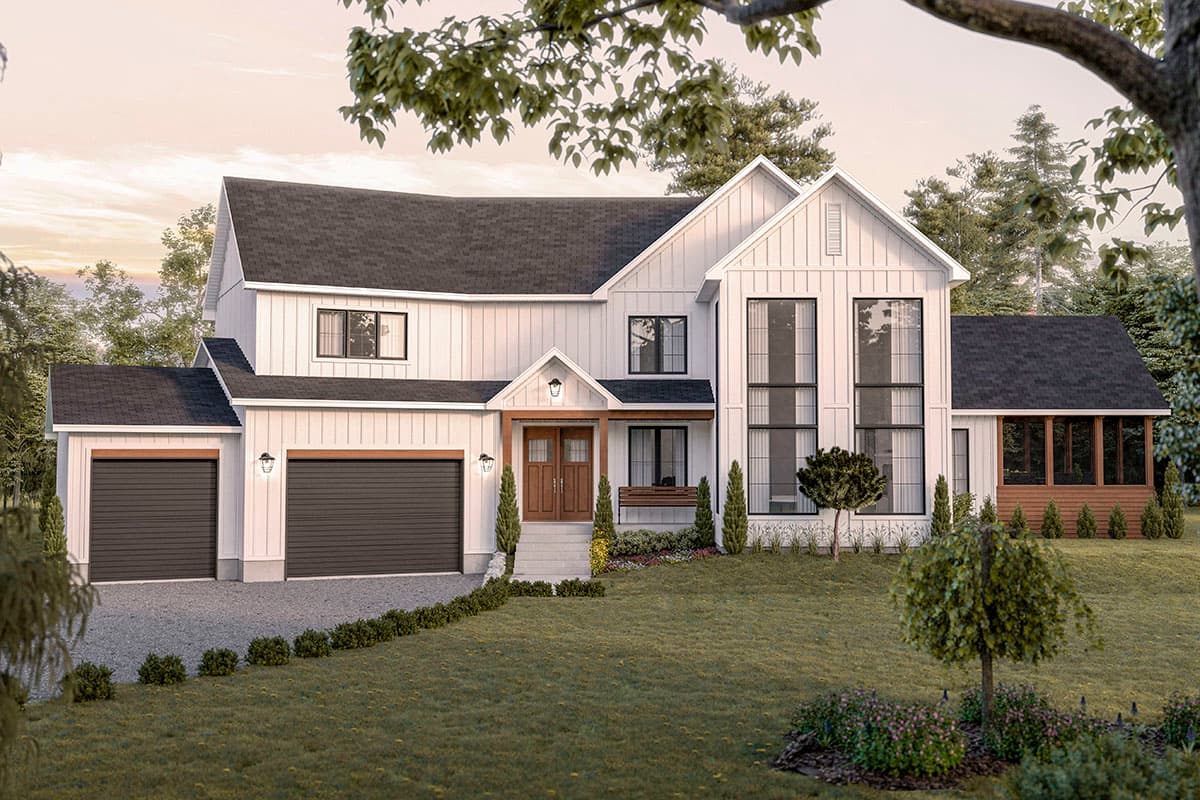 House plan exterior. Modern farmhouse style, two-story home. Features include gabled rooflines, a covered entry porch, and a two-car garage.
