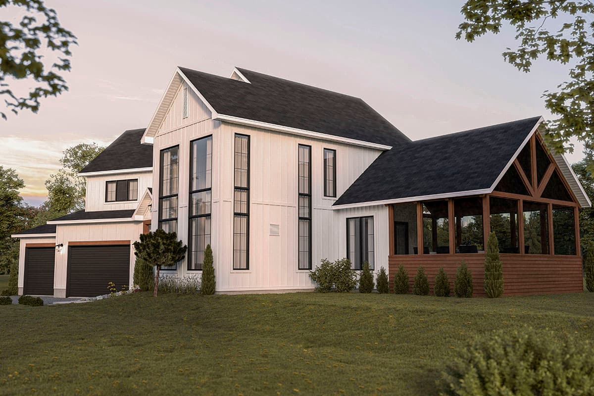 Modern Farmhouse house plan exterior with vertical siding, gables, two-car garage, and screened porch.