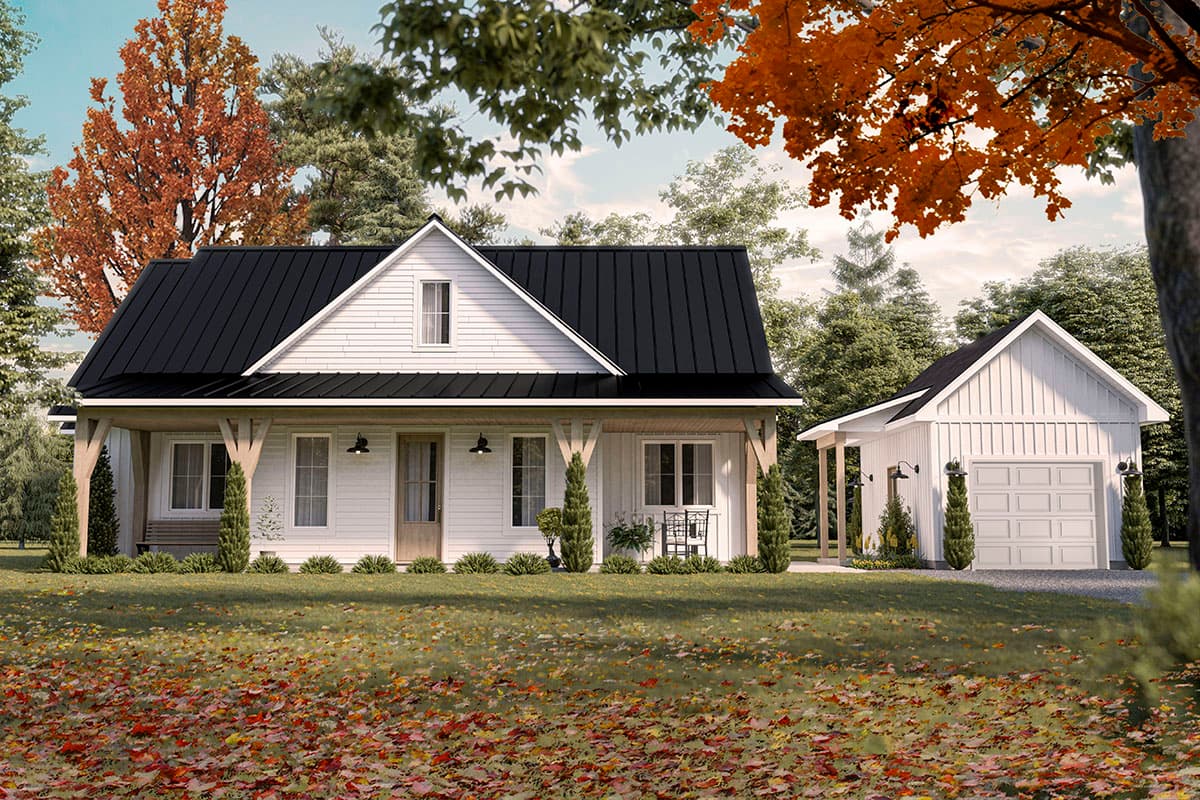 Modern Farmhouse style house plan exterior with covered porch, metal roof, gable dormer, and detached garage.