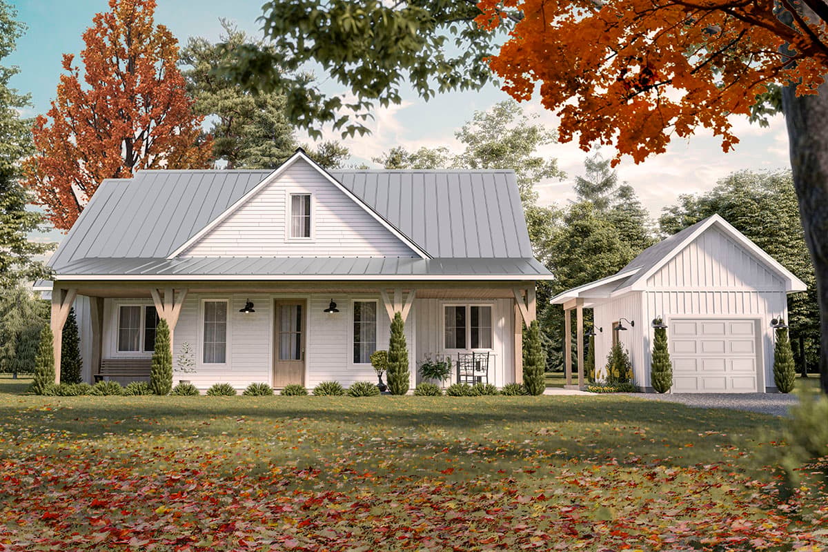 House plan exterior: Modern farmhouse style, 1.5 stories, metal roof, wide front porch with exposed beams, gable dormer, detached garage.
