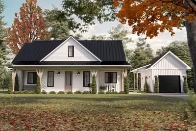 Single-story Farmhouse Plan with Vaulted Interior and a Detached 1-car Garage