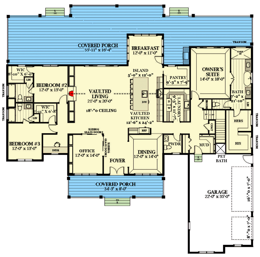Plan 46468LA: Modern Farmhouse Plan with 16'-Deep Rear Porch and Bonus Level - Floor Plan - Main Level - Country, Modern Farmhouse, New American, Southern, Southern Traditional, Traditional
