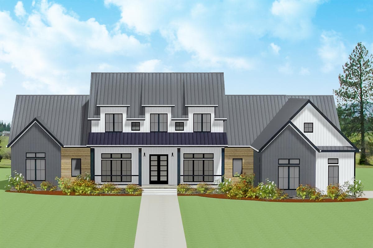 House plan exterior. Modern Farmhouse style with metal roof, front porch, and multiple gables. Two-story structure with symmetrical facade.