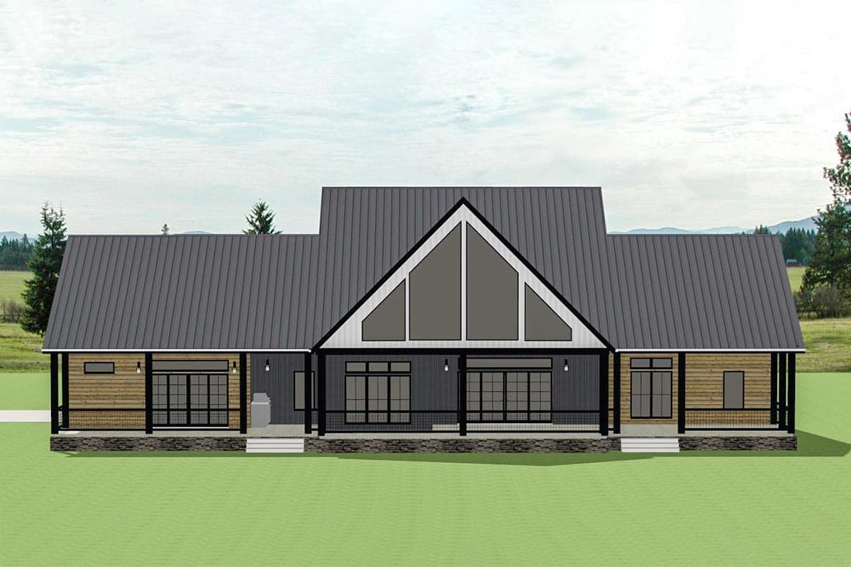 House plan exterior: Modern Farmhouse style, single-story, with a large gabled front window, covered porches, and metal roof.
