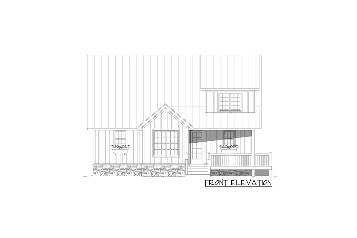 Front elevation drawing of a two-story house with a covered porch, stone foundation, and gabled dormer.