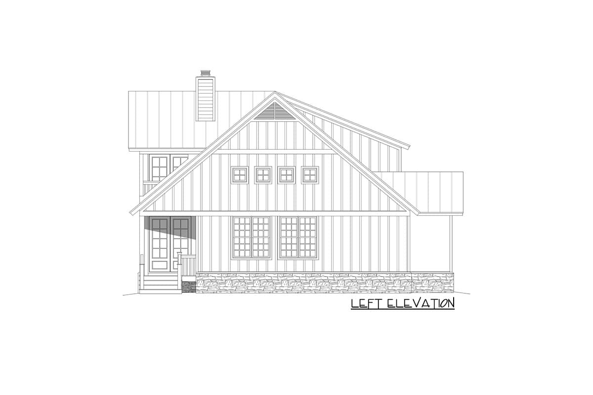 Left elevation house plan with board and batten siding, stone base, gabled roof, prominent dormer, and double entry doors.