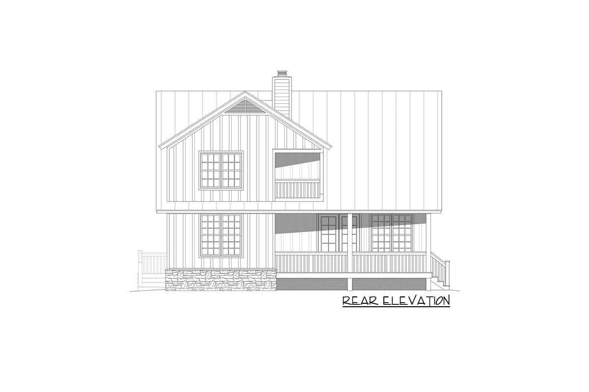 Rear elevation house plan: Two stories, gabled dormer, porch, double doors, stone foundation, and vertical siding.