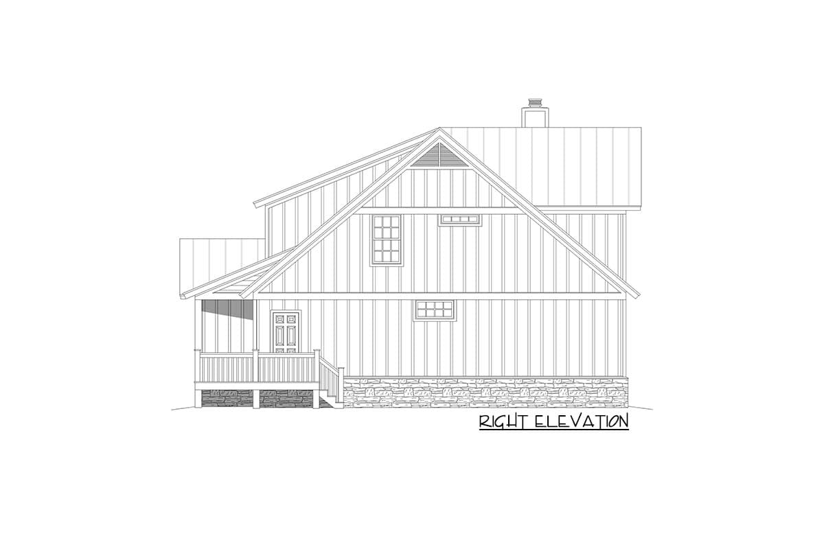 Right elevation house plan featuring a covered porch, board and batten siding, stone foundation, and multiple gables.