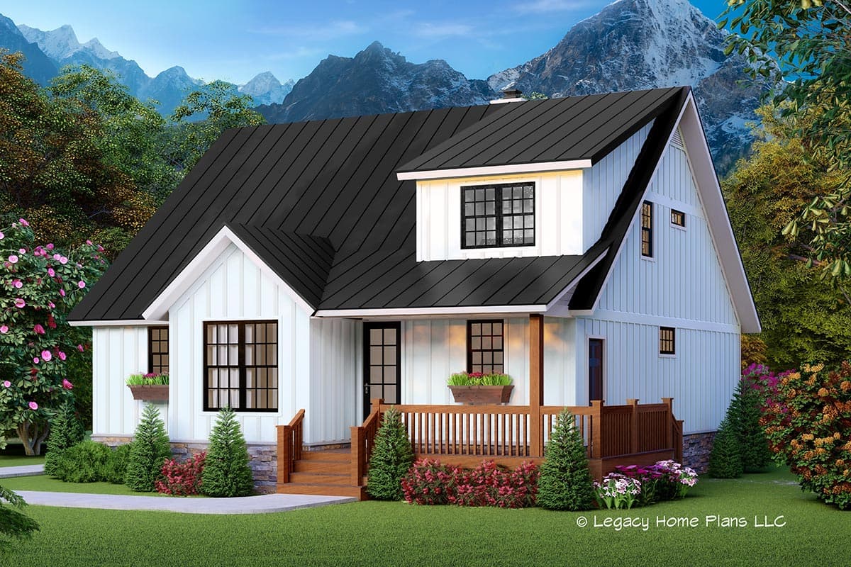 House plan exterior featuring a two-story farmhouse style with a gabled roof, dormer, and front porch with railing.